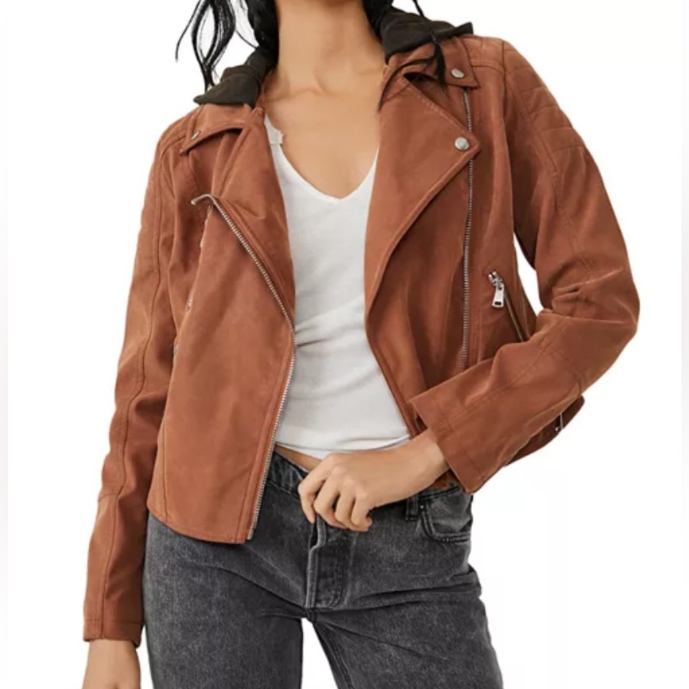 🆕 We The Free Harriet Tortoise Shell Brown Vegan Suede Hooded Moto Jacket XS